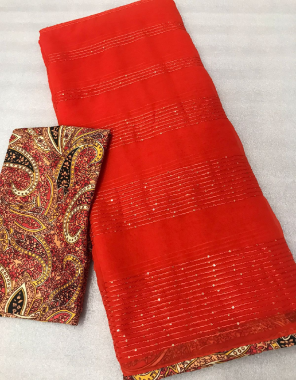 red saree - chiffon dyed with sequance worked & digital printed lace border | blouse - crape digital printed blouse fabric sequance + digital printed work festive 