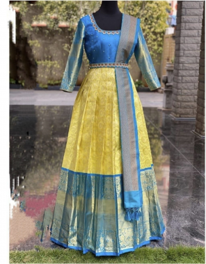 yellow and sky gown - banarasi zari weaving with side attached chain ( fully stitched )  | dupatta - with tussle 2.20 m | with belt | lining - creape ( full upto bottom ) | gown length - full 56 inches - sleeves - 3/4rth  fabric zari weaving work casual 