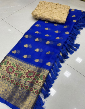 royal blue kanchipuram organza gold jacquard with jacquard golden butti | blouse - worked with diamond 0.90 m  fabric jacquard work casual 