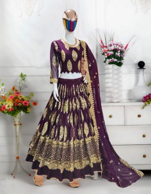 wine lehenga - georgette with embroidery sequance work | inner - silk | dupatta - georgette with embroidery sequance work | blouse - georgette with embroidery sequance work | waist - 44