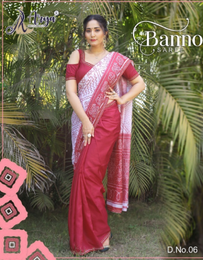 red sree - dola silk with bandhni print ( 5.5 m) | blouse - banglory satin ( 0.80 m) fabric printed work casual 