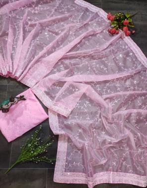 baby pink saree - soft khadi organza silk | blouse - satin banglori silk fabric embroidery + sequance work festive 