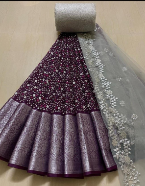 purple pure organza sequance designer lehenaga ( 3 m) | heavy silver weaving border and contrast blouse ( 0.90 cm ) | contrast dupatta ( 2.5 m) fabric sequance work festive 