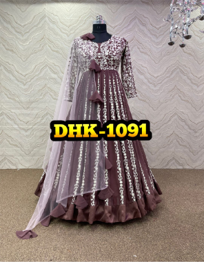 wine gown  - heavy fox georgette | sleeves - full sleeves with embroidery work | inner - heavy micro cotton - length - 56 - 58 inch - flair - 3 m ( fully stitched ) | dupatta - net with four side hanging latkan fancy work | gown size - xl stitched with xxl margin fabric heavy embroidery work work ethnic 
