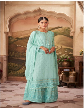sky blue top - heavy georgette ( full stitch ) | bottom - heavy fox real georgette with work | dupatta - heavy real fox georgette with heavy embroidery fabric embroidery work party wear 