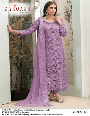 purple top - net heavy embroidery unstitch | inner bottom - heavy santoon | dupatta - butterfly net heavy embroidered with  fourside less fabric embroidery work festive 