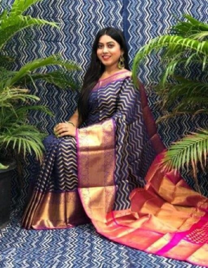 navy blue pure handloom kanchipuram katan silk with contrast blouse fabric jacquard  work ethnic 