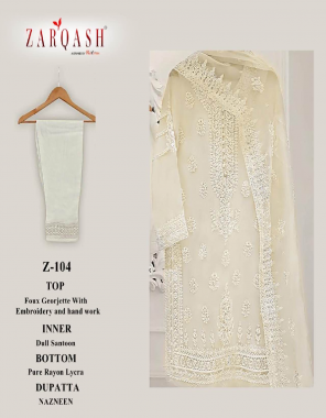 white top - fox georgette embroidery with hand work  santoon inner | bottom - cotton stretchable pant with side pocket & bottom patch | dupatta - nazmeen dupatta with embroidery  | size - top chest - xl ( 42 ) | bottom length - 38