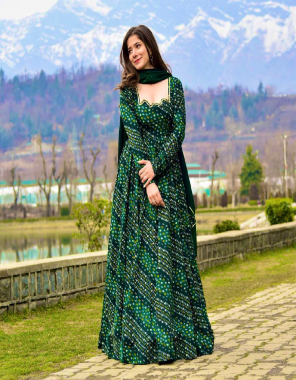 dark green gown - fox georgette with digital printed sleeves | inner - micro cotton | length - 55 inch | flair - 3.30 m | size - upto 44 xl ( free size ) ( fully stitched ) | dupatta - fox georgette with digital printed ( 2.40 m) fabric digital printed work festive 
