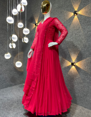 red gown - fox georgette with sequance 9mm work sleeves | inner - micro cotton | length - 55 inch | flair - 3.30 m | size - upto 44 xl free size ( fully stitched ) | dupatta - fox georgette with moti work with  four side fancy less border ( 2.40 m)  fabric sequance embroidery work casual 