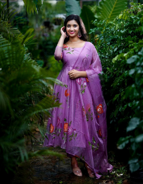 purple gown - fox georgette with digital print sleeves | inner - micro cotton | length - 55 inch | flair - 3.30 m | bottom - cotton silk pant style ( free size ) | duptta - fox georgette with digital printed four side border less ( 2.40 m)| size - upto 44 xl ( f fabric digital printed work ethnic 