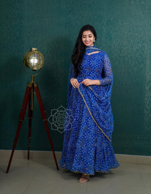 navy blue fox georgette with complete lining | length - 50 + inch  +  dupatta fabric printed work festive 