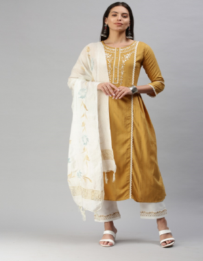 yellow top - lining silk with embroidery work and khali work | bottom - magic slub with embroidery work pant | dupatta - naylon viscose weaving with brush print dupatta fabric embroidery work casual 