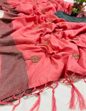 pink saree - pure linen saree heavy embroidery with diamond work | blouse - pure banglori satin satin on mirror heavy embroidery work with constrast blouse fabric embroidery work festive 