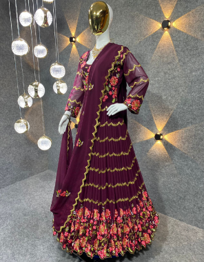wine gown - fox georgette with sequance 5mm embroidery with full sleeves | inner - micro cotton | length - 55 inch | flair - 3.30 m | size - upto 42 xl free size ( full stitched ) | dupatta - fox georgette with sequance 5mm with four side embroidery border fabric embroidery work casual 