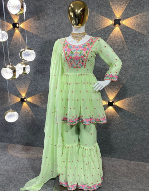 paroot green top - fox georgette ( fully stitched ) | sharara - fox georgette ( fully stitched ) | inner - micro silk | dupatta - heavy georgette fancy border work ( 2.40 m) | top length - 37 to 38 | top size - xl upto free size ( 42 ) margin | sharara - length - 42 