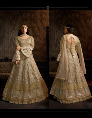cream top - heavy net with embroidery work jari sequance stone same back side work | backside - heavy net with embroidery jari sequance work | sleeves - net with embroidery stone work | inner & bottom - santoon | length - max upto 54 | size - max upto 48 | flair - 3.20 m | type - semi stitcheed fabric embroidery sequance work festive 
