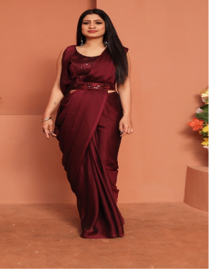 maroon saree/blouse - rangoli silk ( blouse unstitch ) | saree work - fancy sequance work ( with belt ) [ master copy ] fabric plain work party wear 