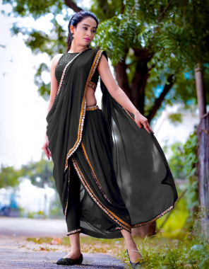 black saree - georgette | saree work - fancy thread jari with sequance work lace border ( stitch ) | blouse - banglory silk & nylone net ( 0.80 m ) | blouse work - front side work in nylone net ( unstitch ) | blouse - heavy crape ( free size stitch ) saree with bottom ( master copy )  fabric sequance work party wear 