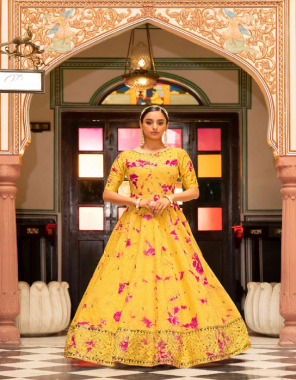 yellow gown - cotton | inner - silk crape | size - semi stitched ( customized from 34 to 46 ) | top length - 58 | inner length - 3 fabric shibori print with sequance embroidery worked work casual 