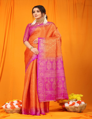 orange pure softy silk with gold jari fabric weaving work party wear 