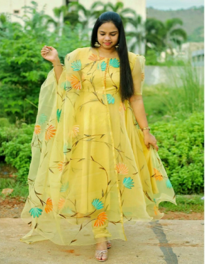 yellow gown - fox organza with digital prints sleeves | gown inner - micro cotton | length - 55 inch | flair - 4 m | size - upto 44 xl free size ( fully stitched ) | bottom - cotton silk pant style | size - free size | dupatta - fox organza with digital print with for side border less ( 2.40 m)  fabric digital printed work casual 