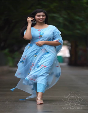 sky blue gown - fox organza with digital prints sleeves | gown inner - micro cotton | length - 55 inch | flair - 4 m | size - upto 44 xl free size ( fully stitched ) | bottom - cotton silk pant style | size - free size | dupatta - fox organza with digital print with side fancy lees fabric digital printed work festive 