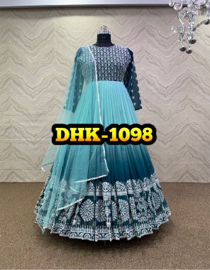 sky blue gown - heavy faux georegtte | sleeves - full sleeves with digital print work | inner - heavy micro cotton | length - 54 - 56 inch | flair - 3 m | size - xl stitched with xxl margin ( fully stitched )| bottom - micro cotton ( unstitched ) 2 m | dupatta - soft nylon net work with four side lace border  fabric embroidery work party wear 