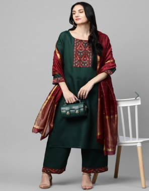 dark green top/ bottom - cotton | dupatta - chanderi ( 2.20 m ) | kurti length - 41 | bottom length - 39 fabric embroidery work casual 
