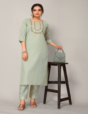 pastal green slubby cotton | kurti length - 46| pent length - 37 fabric embroidery work party wear 