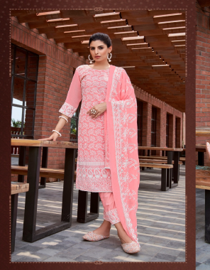 pink top - fox georgette shifali work with inner | pant - doal sentun fabric with embroidery lace | dupatta - nazmin dupatta with chain work | length - 46 | size - m - 40 | l - 42 | xl - 44 | xxl - 46 | 3xl - 48 fabric embroidery work casual 