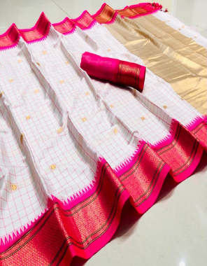 white cotton silk checks weaving butti with contrast blouse fabric weaving border work casual 
