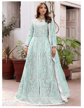 sky blue top - butterfly net with embroidery sequance and stone work | sleeves - net with embroidery sequance and stone work | dupatta - net with embroidery and 4 side frill | bottom & inner - santoon | length - 54