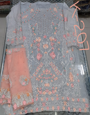 grey top - net with beautiful embroidery and zari work ( including sleeves ) | inner & bottom - santoon | dupatta - net with zari embroidery work with four side embroidery lace | size - fits upto 52 | length - 43