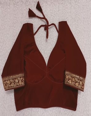 maroon pure velvet material with cotton lining and padded kardana work with glass sleeves with margin | back side hook  fabric embroidery work party wear 