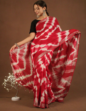 red saree - cotton linen blend| waist size - all size available | blouse - stitched ( 44 margin ) fabric printed work ethnic 