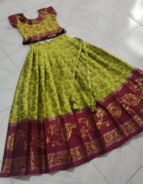parrot green lehenga - pure lichi silk ( semi stitch ) | blouse - jacquard silk ( full stitch)  fabric printed work casual 