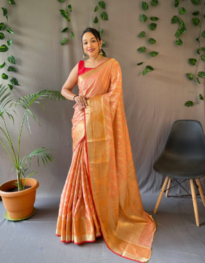 orange pure cotton linen saree with copper and gold zari  fabric weaving work casual 