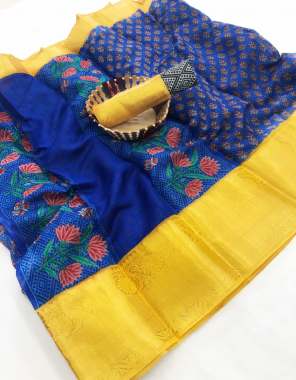 navy blue digital printed chanderi cotton saree with golden zari patta designer rich running blouse & rich pallu fabric digital print work party wear 