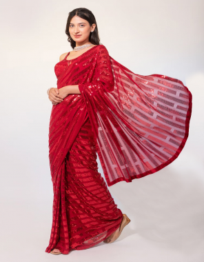 red saree - georgette | saree - fancy sequance work | saree - 5.50 m | blouse - bangloriy silk ( 0.80 m) | blouse - fancy sequance work [ master copy ] fabric sequnace work festive 