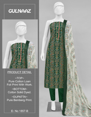 dark green top - cotton cambric lone foil print with work | bottom - cotton soild dyed | dupatta - pure bemberg print  fabric printed work ethnic 
