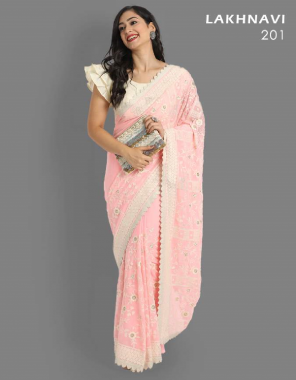 pink saree - faux georgette | blouse - silk | work - lakhnavi work + fancy lace border | saree length - 5.5 m | blouse length - 1.0 m fabric lakhnavi work work casual 