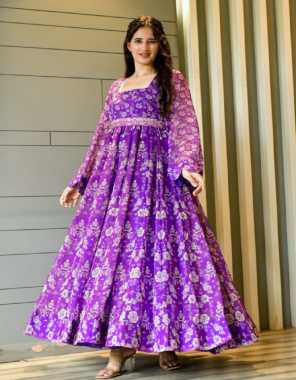 purple gown - fox georgette with digital printed with fully sleeves | inner - micro cotton | length - 55 inch | flair  - 3.30 m | size - upto 44 xl free size ( fully stitched ) fabric digital printed work casual 