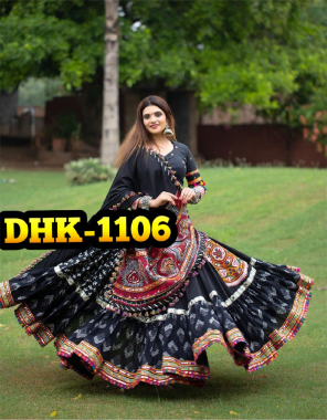 black lehenga - soft butter silk | inner - micro cotton | length - 42 - 44 inch | flair - 3 m | type - semi stitched | blouse - soft butter silk | sleeves - full sleeves with printed with original mirror work and latkan work ( unstitched ) | dupatta - soft butter silk  fabric digital printed work festive 