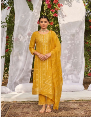 yellow kurti - placement jacquard with mx and handwork on pure dila silk | bottom - pure viscose silk with jacquard attachment | dupatta - pure viscose weaving zari fabric embroidery work festive 