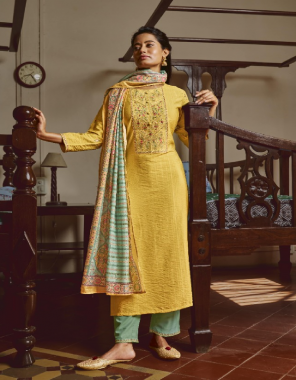 yellow top - pure viscose with 3mm seuqnace fancy embroidery neck and sleeves work | bottom - airject rayon with fancy rayon with fancy lace work pant | dupatta - pure muslin 3mm weaving sequance work and digital print  fabric embroidery work party wear  