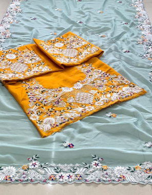 sky blue saree - georgette | blouse - satin banglory silk fabric embroidery work festive 
