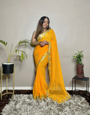 yellow georgette leheriya saree on gottapatti lace border fabric printed work festive 