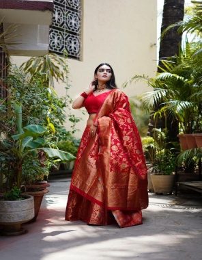 red lehenga - pure soft banarasi silk ( 5 m) | blouse - banarasi silk ( 1 m) | dupatta - banarasi ( 2.25 m)  fabric weaving work festive 