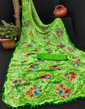 parrot green soft weightless embroidery and mirror work and with pompom less work fabric embroidery work festive 